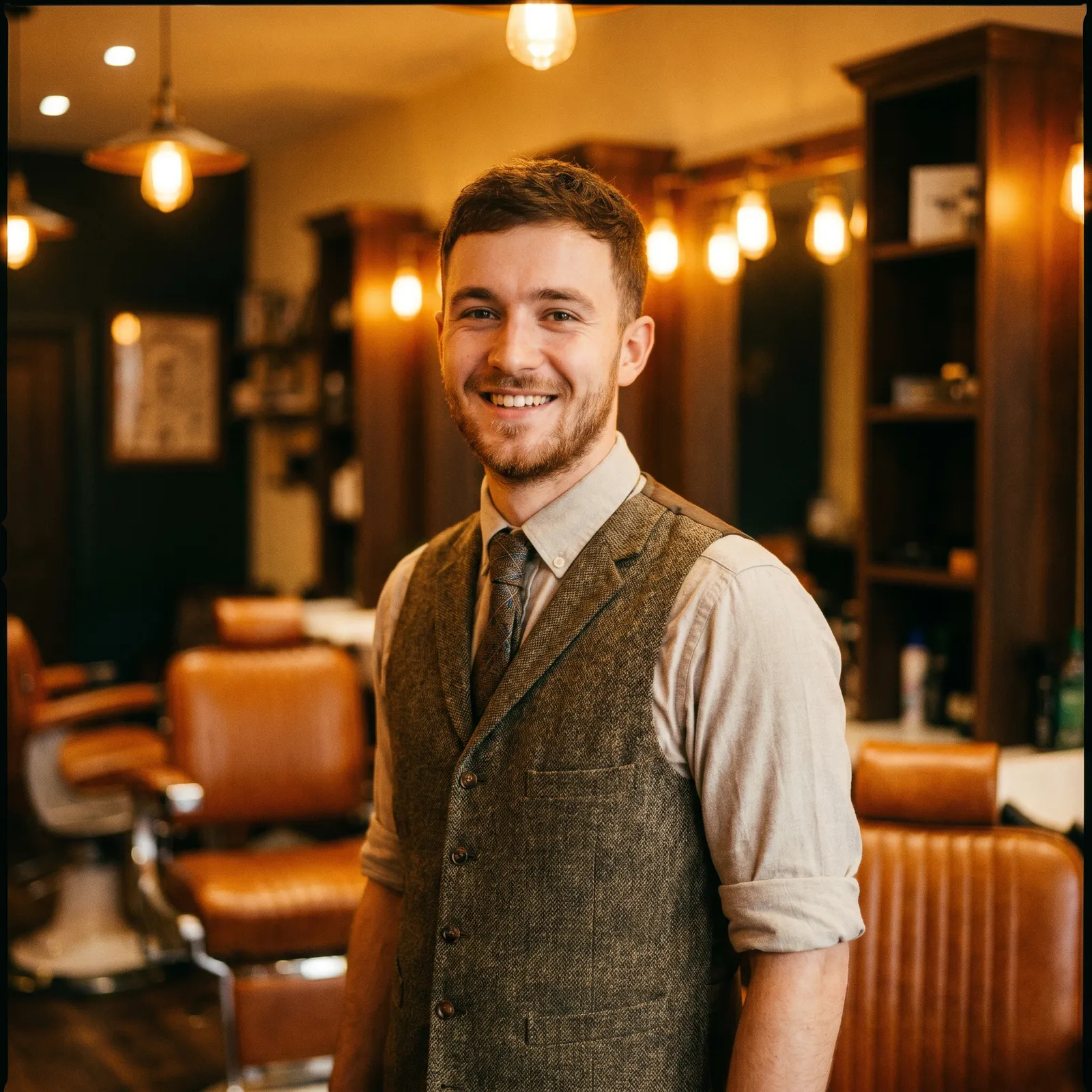 Portrait eines fiktiven jungen Barbiers Ende zwanzig in warmem Heritage-Barbershop
