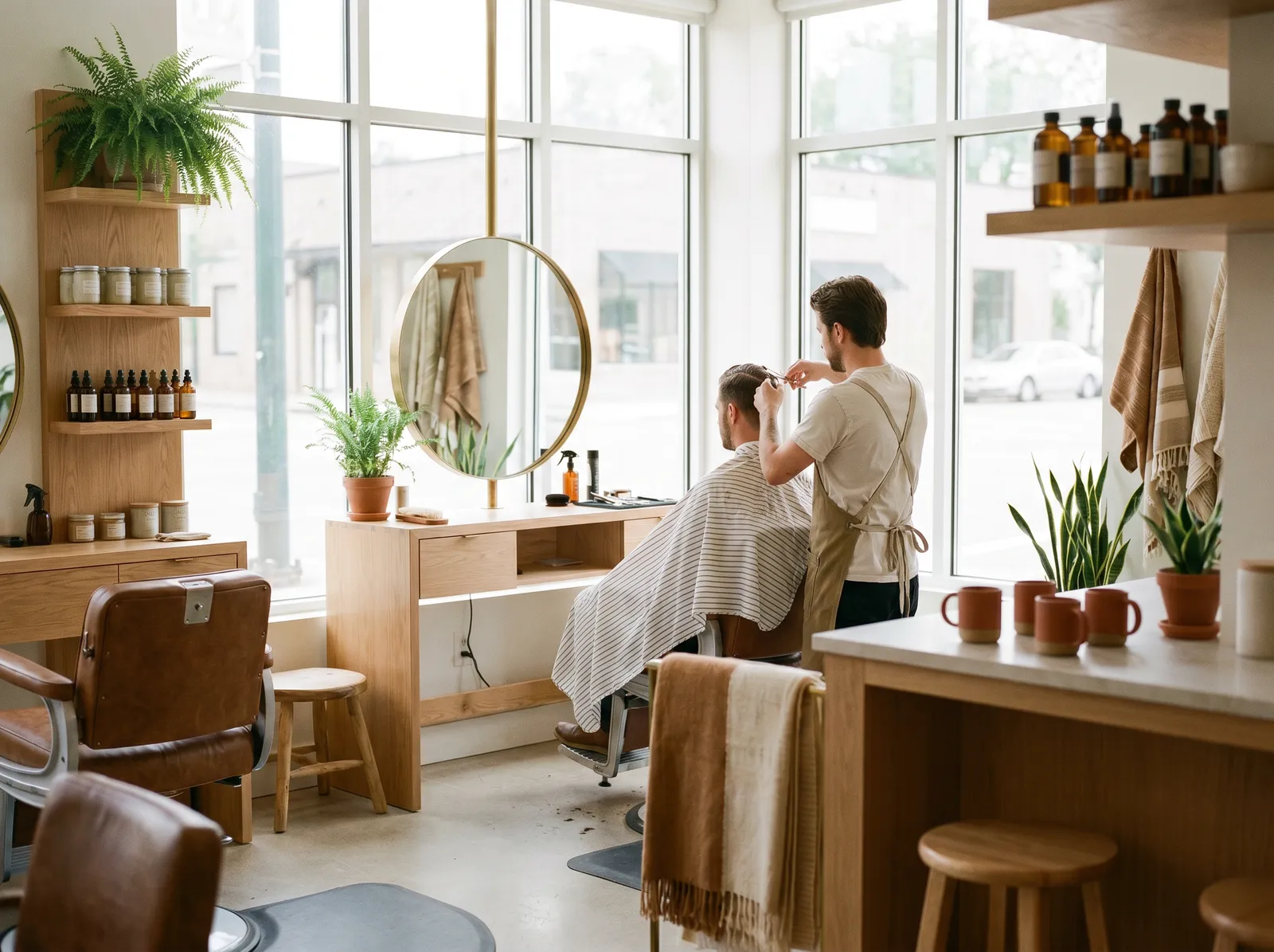 Ruhiges, helles Barbershop-Interieur mit Barbier und Kunde am Spiegel, einladend