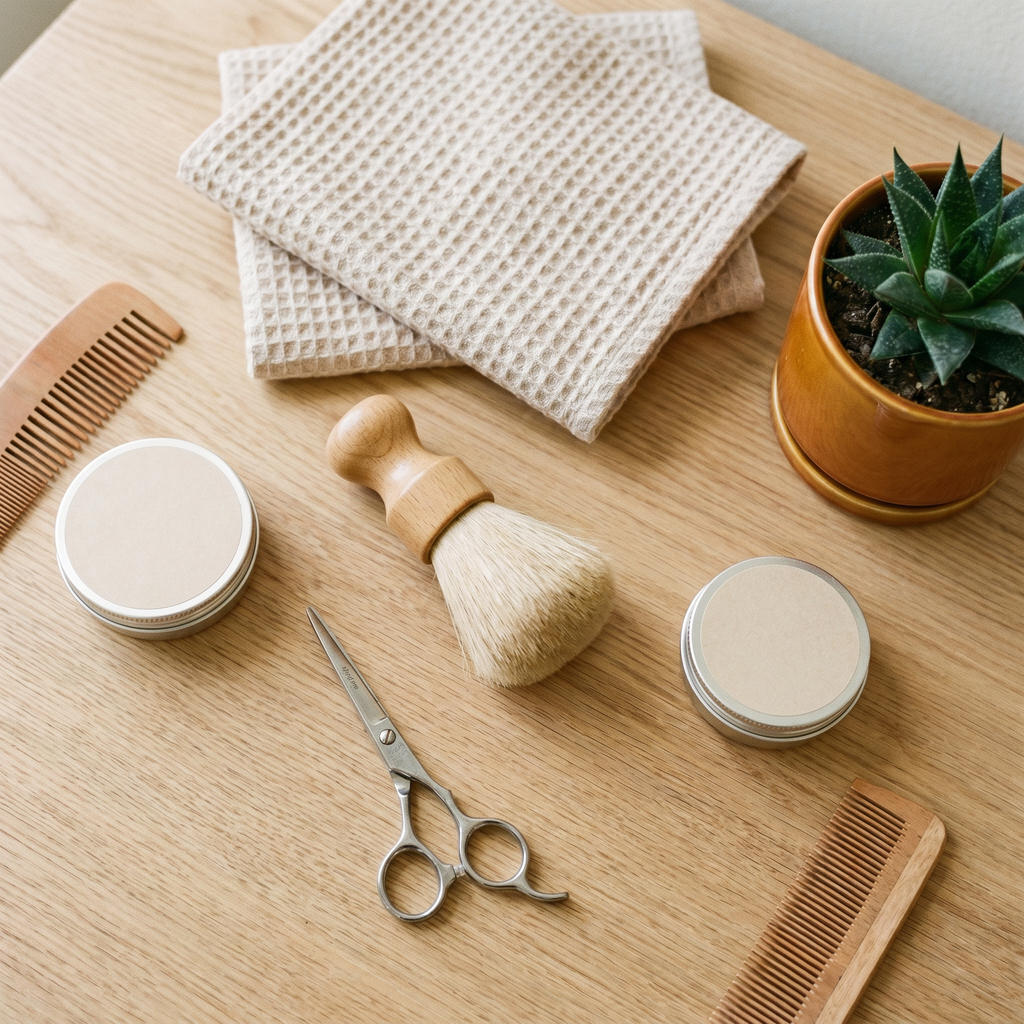 Freundliche Barber-Accessoires auf hellem Holz: Kämme, Schere, Bürste, Pomade, Handtuch, Pflanze
