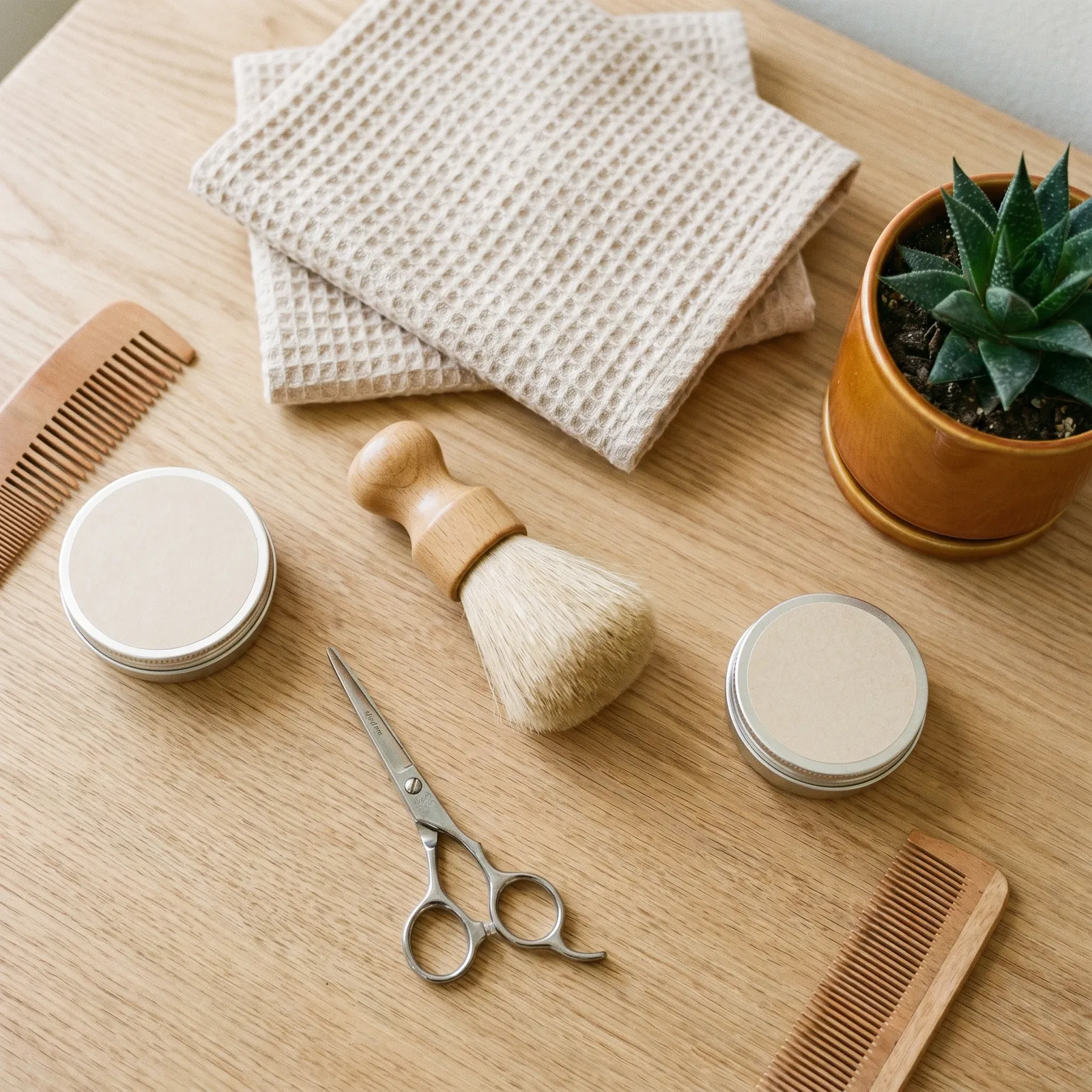 Freundliche Barber-Accessoires auf hellem Holz: Kämme, Schere, Bürste, Pomade, Handtuch, Pflanze