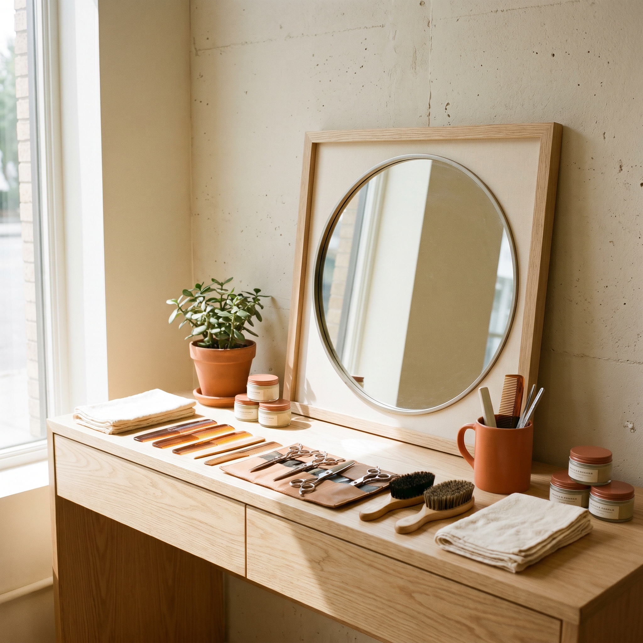 Helle, aufgeräumte Barber-Station mit Spiegel, Holz und ordentlich arrangierten Accessoires