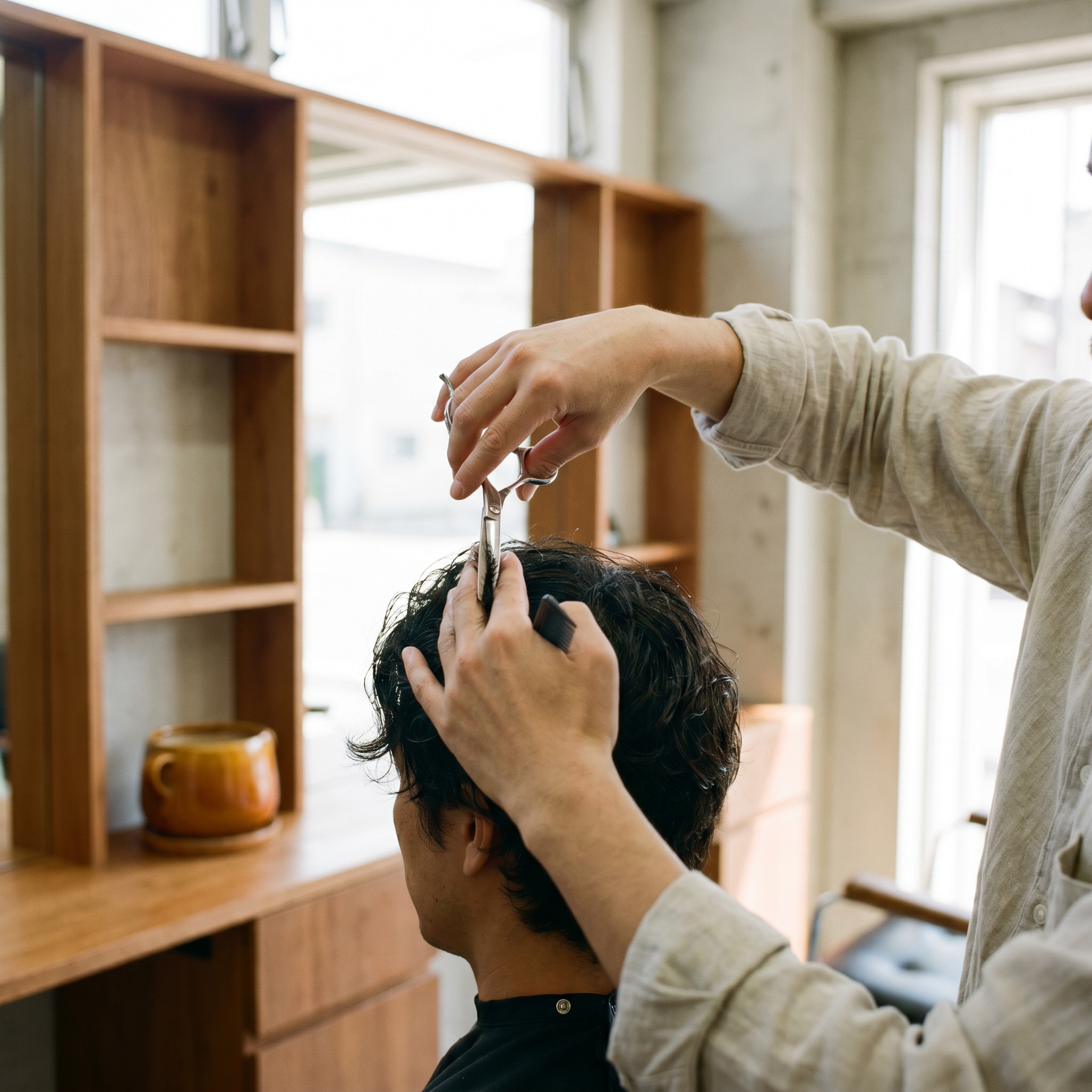 Barbier stylt mit Schere und Kamm, helle Atmosphäre, Detailaufnahme