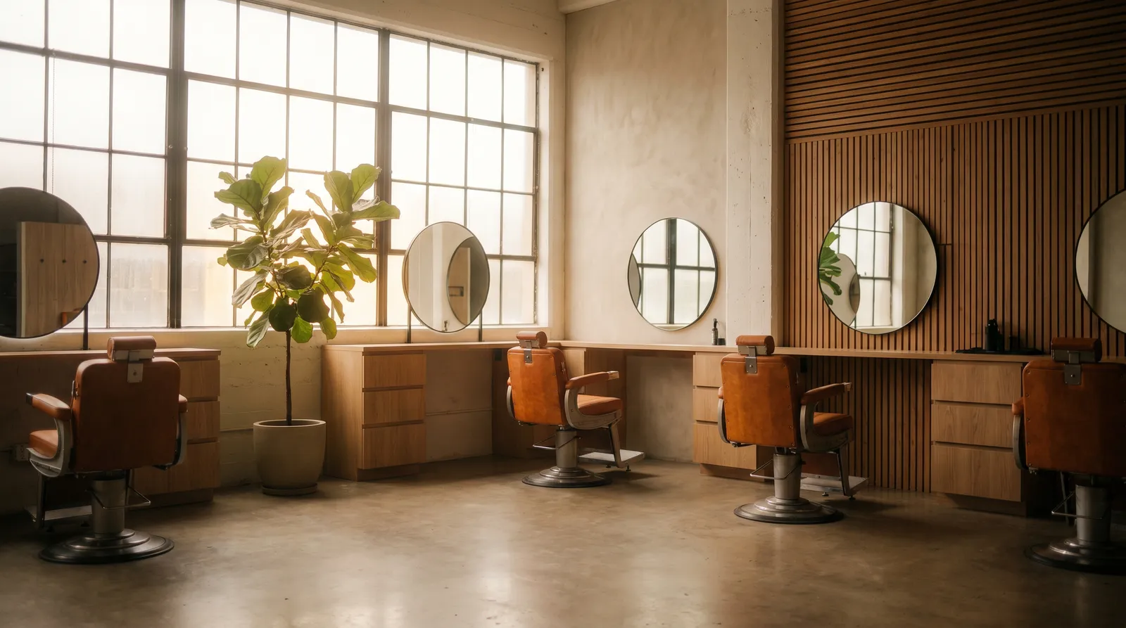 Weites, ruhiges Barbershop-Interieur im weichen Tageslicht, abstrakt, viel Detail