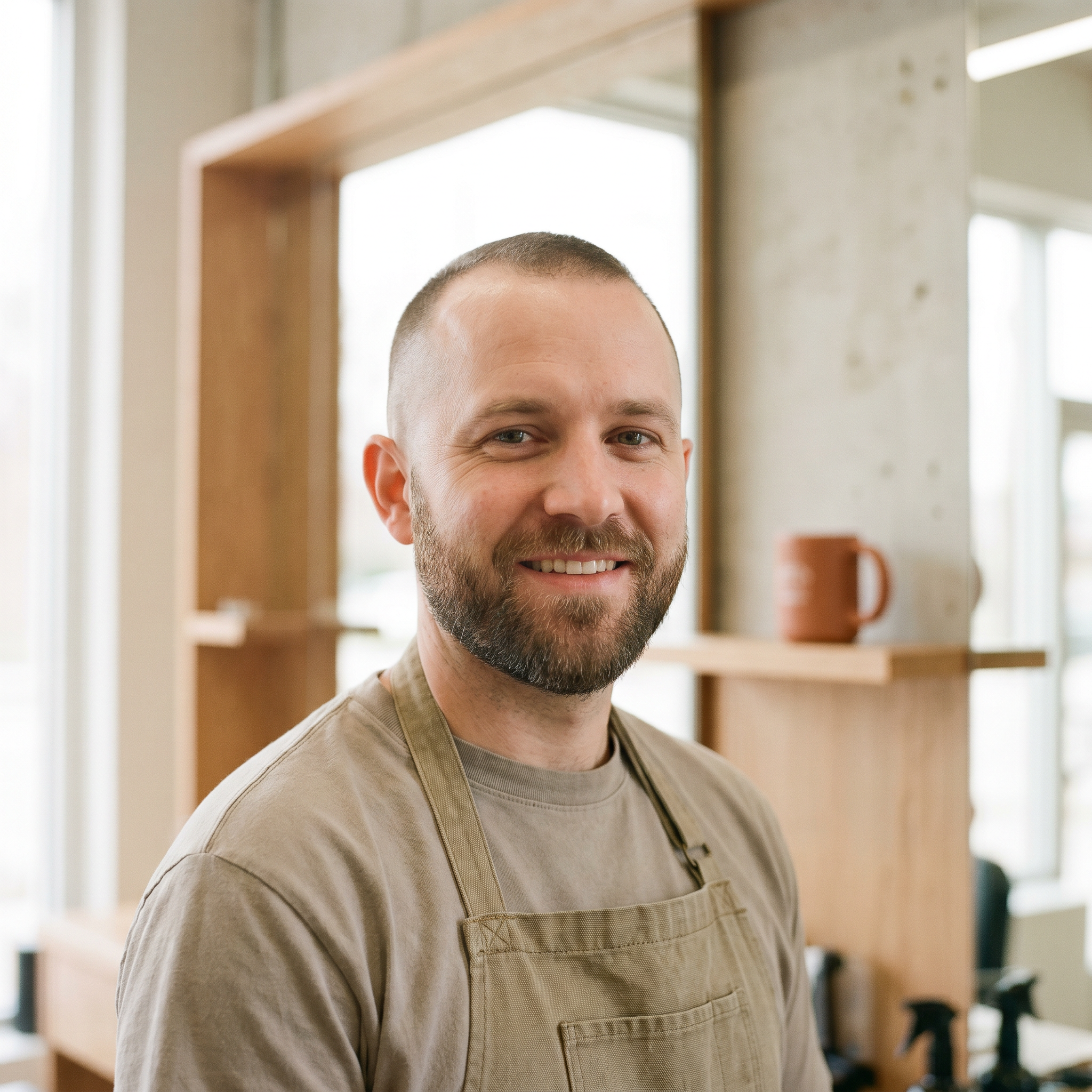 Portrait eines fiktiven Barbiers Mitte dreissig, warmes Lächeln, einladend, helles Studio