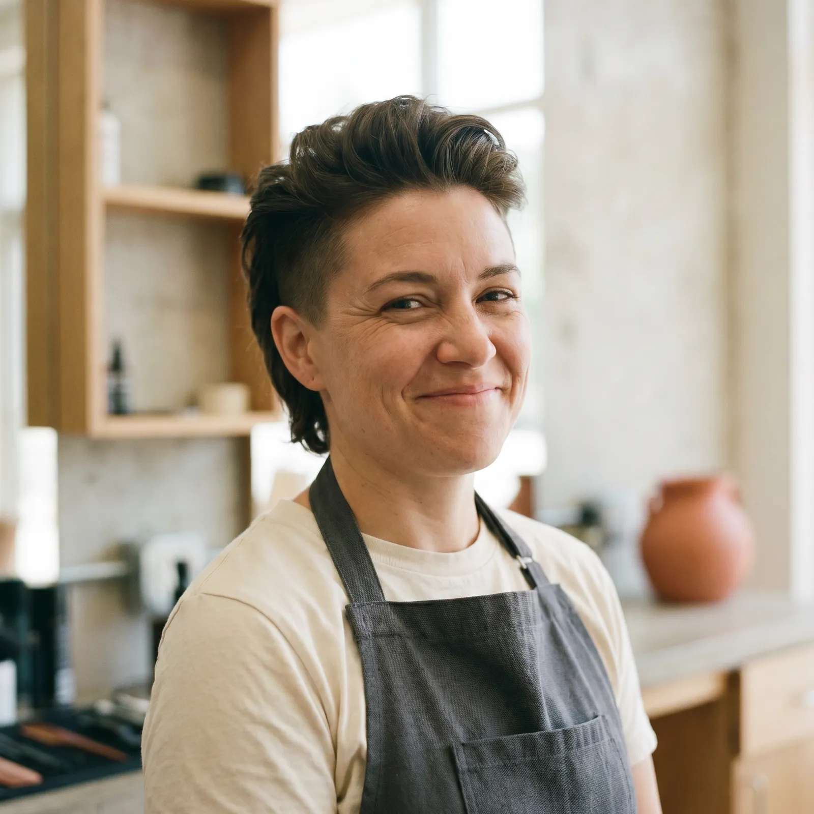 Portrait einer fiktiven Barbierin mit Undercut, freundliches Lächeln, helle Atmosphäre