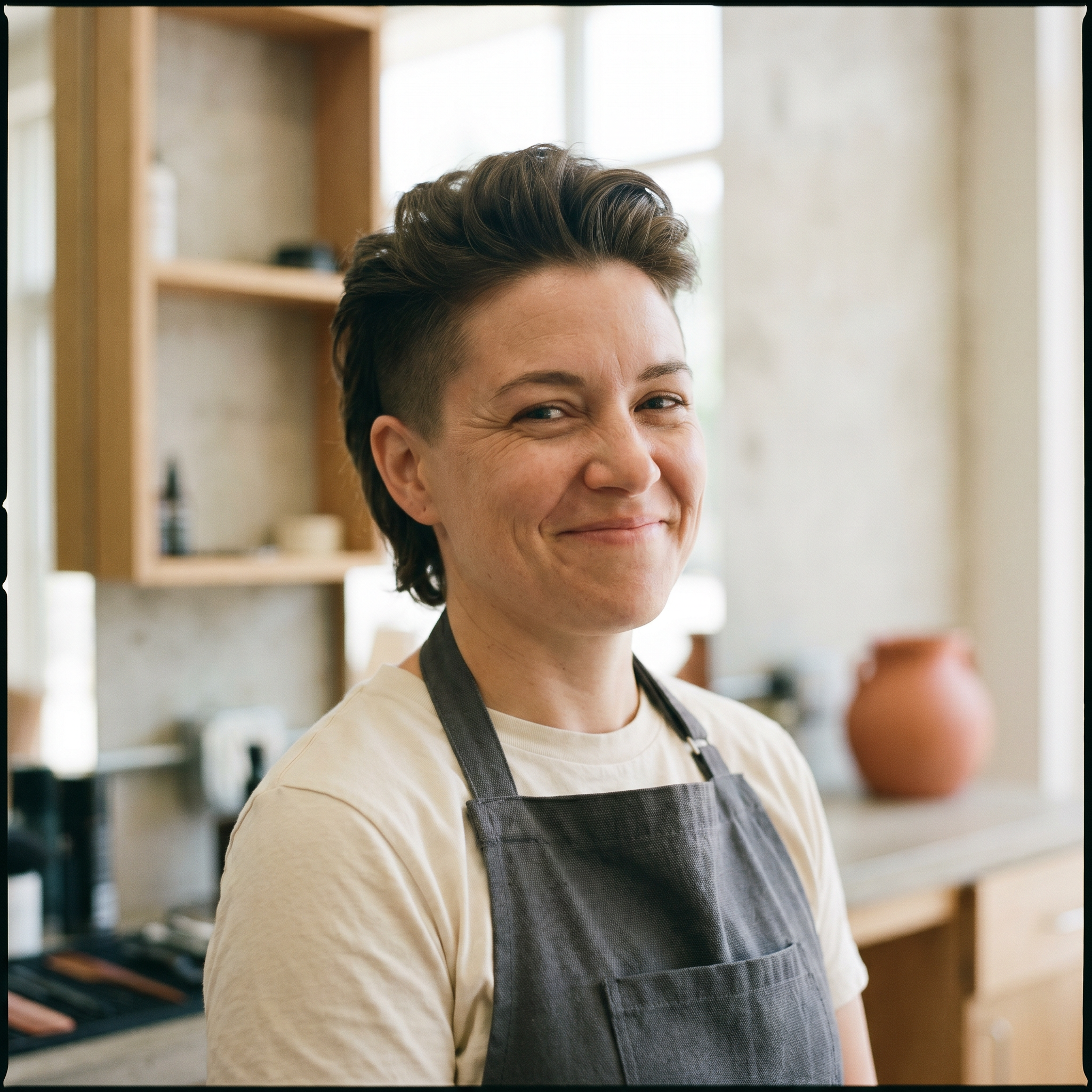 Portrait einer fiktiven Barbierin mit Undercut, freundliches Lächeln, helle Atmosphäre